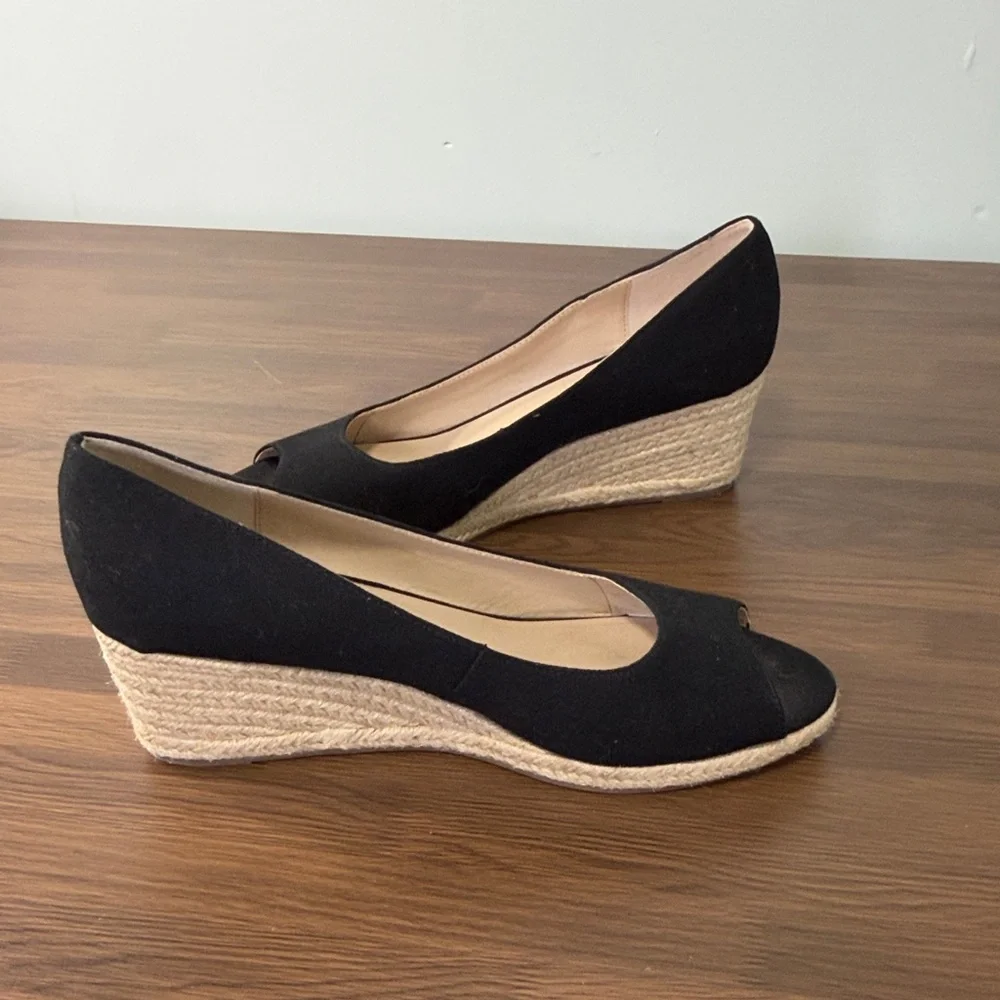 Bandolino Black Wedge Fabric Espadrille Peep-Toe Shoes Sz 11‎